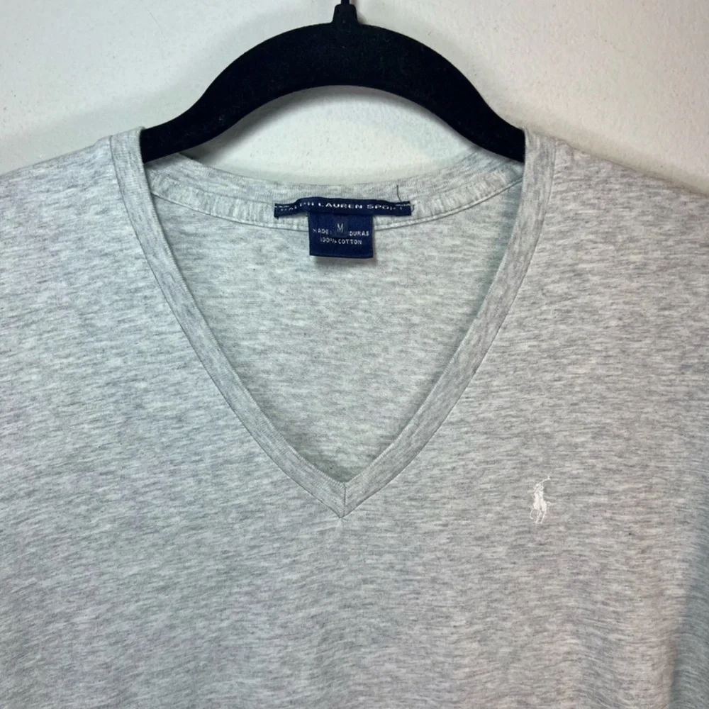 Ralph Lauren Sport V-Neck T-Shirt Heather Gray White Pony Logo Girls Size Medium
